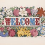 Red and blue WELCOME letters surrounded by flowers on a beige background