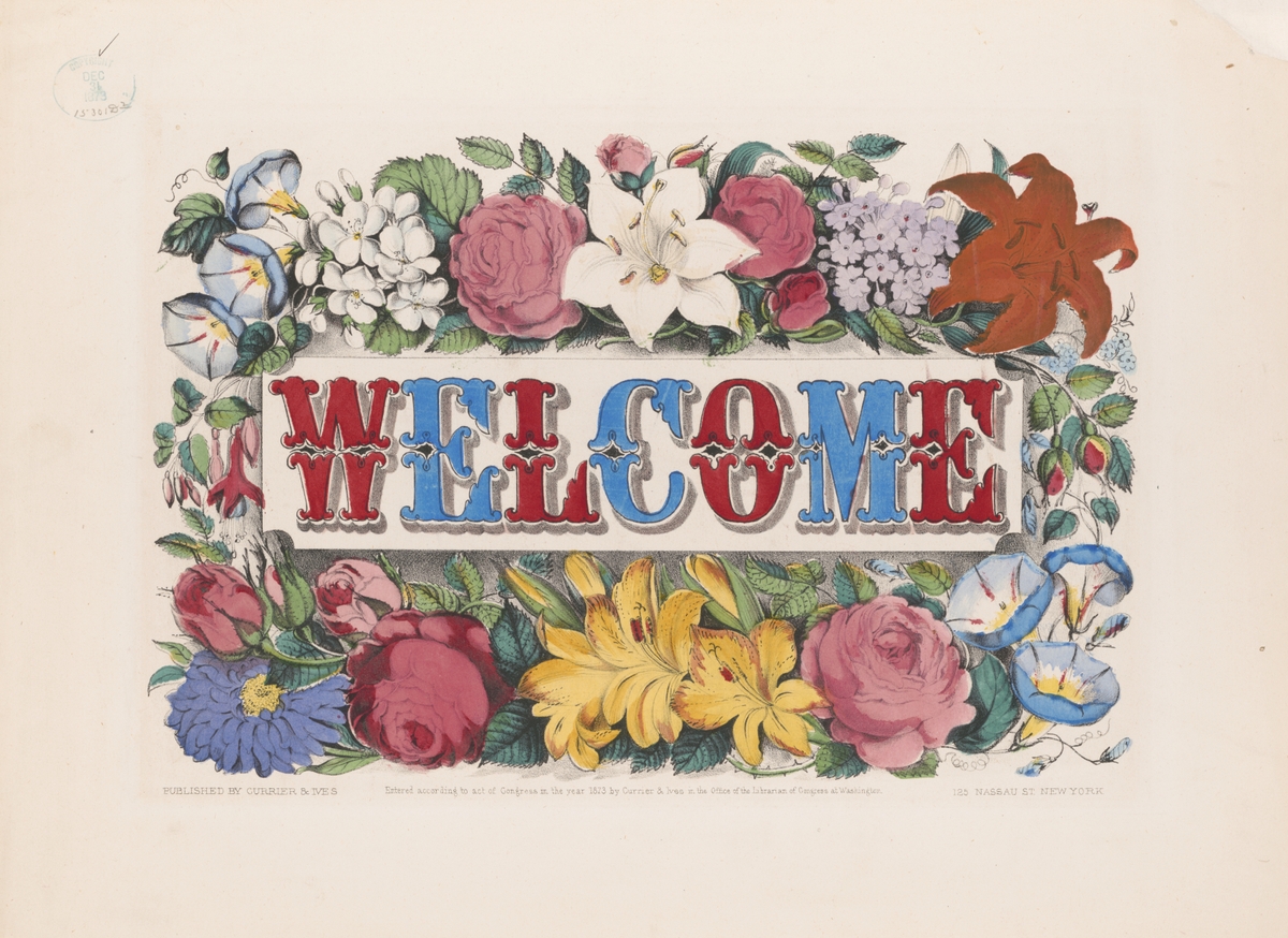 Red and blue WELCOME letters surrounded by flowers on a beige background